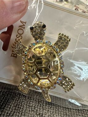Gold Turtle Brooch with Iridescent Crystals -